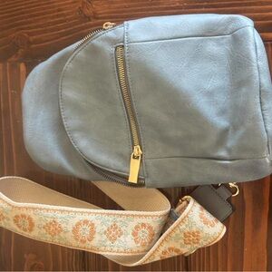 Blue Women's Crossbody Bag with Floral Strap
